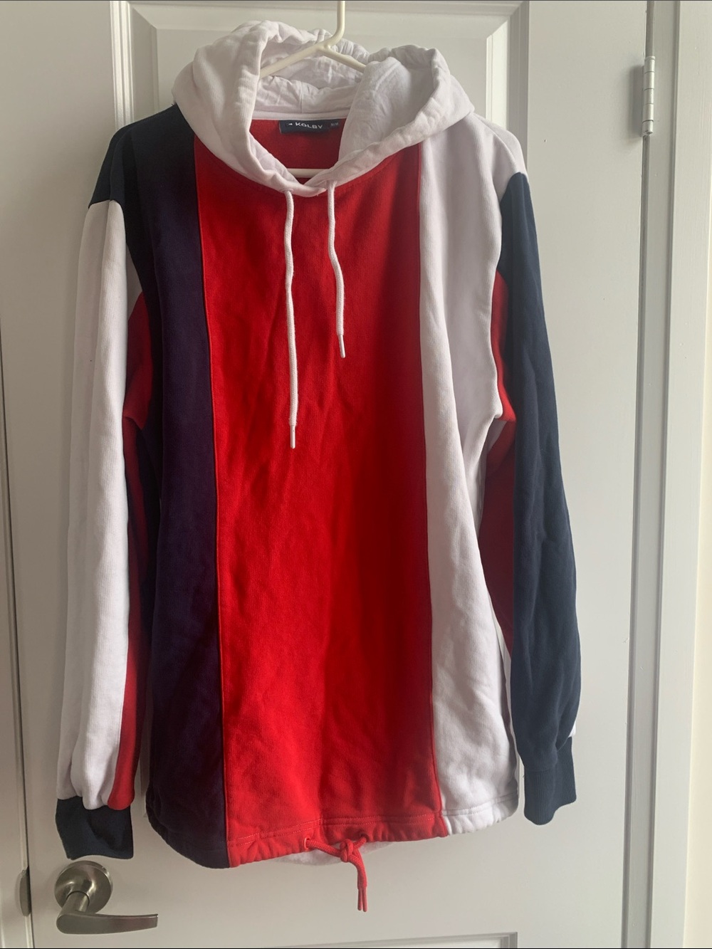 Men's Colorblock Fleece Lined Crewneck Hoodie in Red, White & Navy
